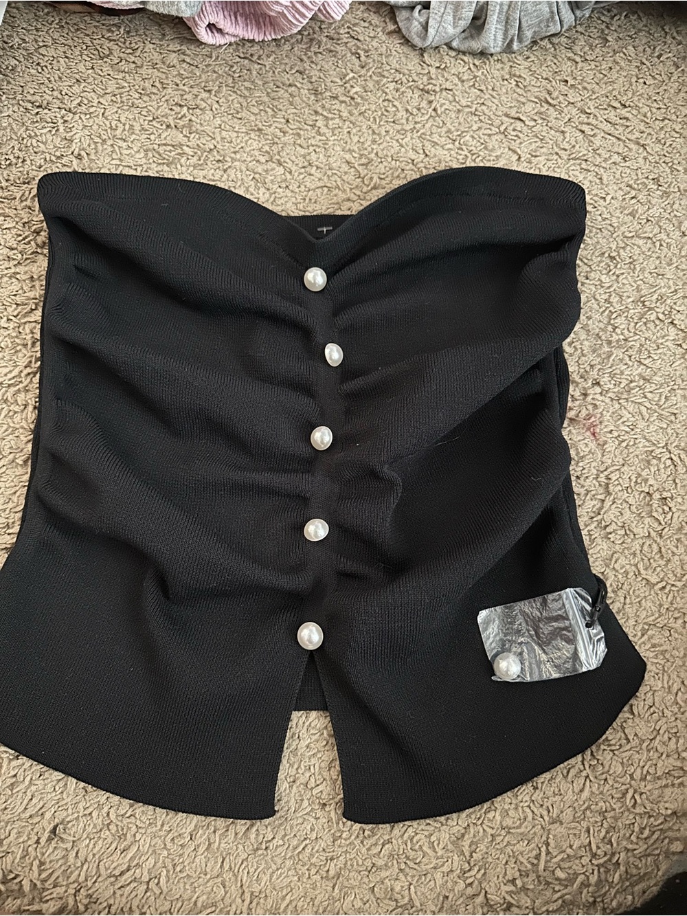 Cider Black Strapless Pearl-Button Bustier Top